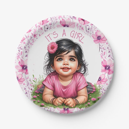 女の子 | ピンクフローラガールズベビーシャワー ペーパープレート (正面)