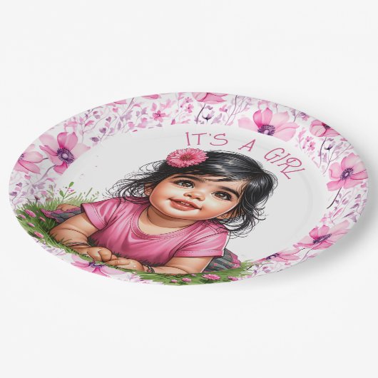 女の子 | ピンクフローラガールズベビーシャワー ペーパープレート (アングル)
