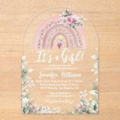 女の子、ピンク色のレインボーの女の子のフローラの赤ちゃんシャワー アクリル招待状 (正面)