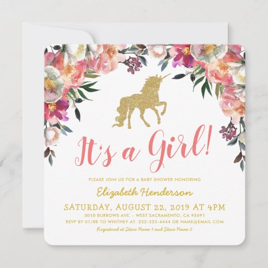 女の子 ピンク ゴールド グリッター ユニコーン ベイビー シャワー 招待状 (正面)