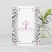 女の子 ピンク シルバー クロス 女の子 洗礼 命名式 招待状 (スタンド正面)