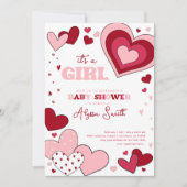 女の子 ピンク バレンタインデー ハート ベビーシャワー 招待状 (正面)