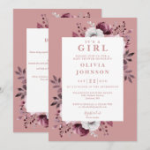 女の子 ピンク フラワー オールインワン ベビーシャワー 招待状 (正面/裏面)