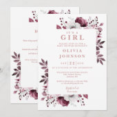 女の子 ピンク フラワー オールインワン ベビーシャワー 招待状 (正面/裏面)
