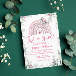 女の子 ピンク ボヘミア フラワー ベイビー シャワー レインボー 招待状