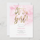 女の子、ピンク、水彩、ベビーガールシャワー 招待状 (正面)