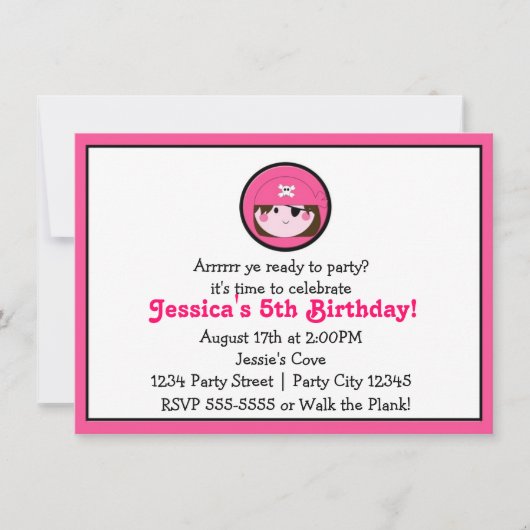 女の子 ピンク 海賊 ブラウン ヘアー 誕生日 インビテーション (正面)