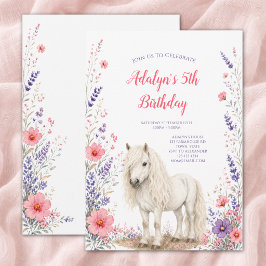 女の子 ピンク 紫色 野の花 馬 5歳 誕生日 招待状