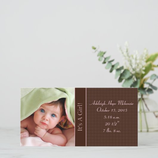 女の子 – フォトカード統計深い茶色のピンクのドット 案内状 (スタンド正面)