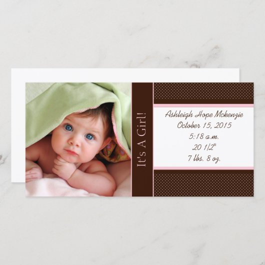 女の子 – フォトカード統計深い茶色のピンクのドット 案内状 (正面/裏面)