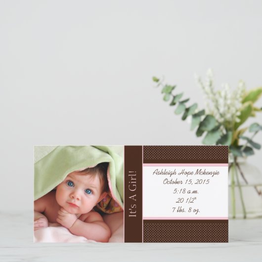 女の子 – フォトカード統計深い茶色のピンクのドット 案内状 (スタンド正面)