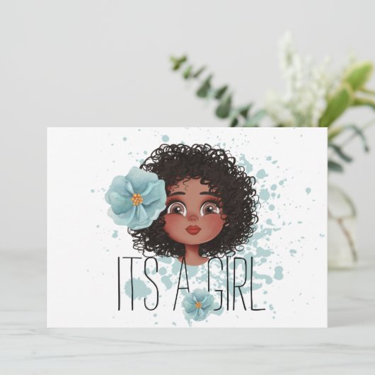 女の子、ブルーフラワー、ベビーガール誕生発表 案内状 (スタンド正面)