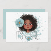 女の子、ブルーフラワー、ベビーガール誕生発表 案内状 (正面/裏面)