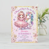 女の子 プリンセス ユニコーン 1歳の誕生日 ピンク ゴールド 招待状 (スタンド正面)