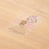 女の子 ベア ピンク ゴールド 風船 ベビーシャワー アクリル招待状 (レイダウン)
