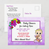 女の子、ベビー、テディベアパープルのためのベビーシャワー ポストカード (正面/裏面)