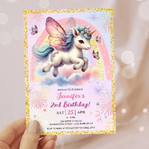 女の子 ユニコーン ゴールド ギターター ピンク 2歳 誕生日パーティー 招待状