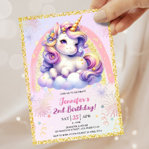 女の子 ユニコーン 紫 ピンク ゴールド 2歳 誕生日パーティー 招待状