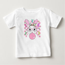 女の子 レトロ チェック ピンク イースターバニー ベビーTシャツ