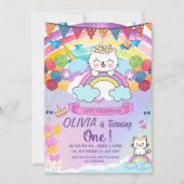 女の子 初誕生日 かわいい ユニコーン 猫 にじの上 招待状 (正面)