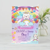 女の子 初誕生日 かわいい ユニコーン 猫 にじの上 招待状 (スタンド正面)