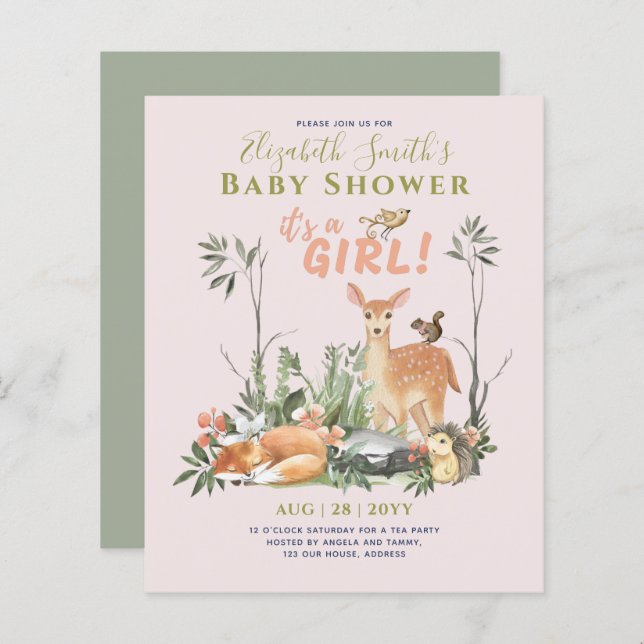 女の子！可愛いウッドランド赤ちゃん動物シャワー請求書。 (正面/裏面)