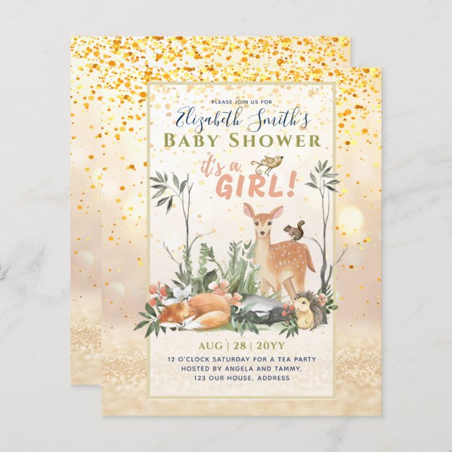 女の子！可愛いウッドランド赤ちゃん動物シャワー請求書。 (正面/裏面)