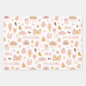 女の子。可愛いピンクのおもちゃ柄のベビーシャワー ラッピングペーパーシート (正面3)