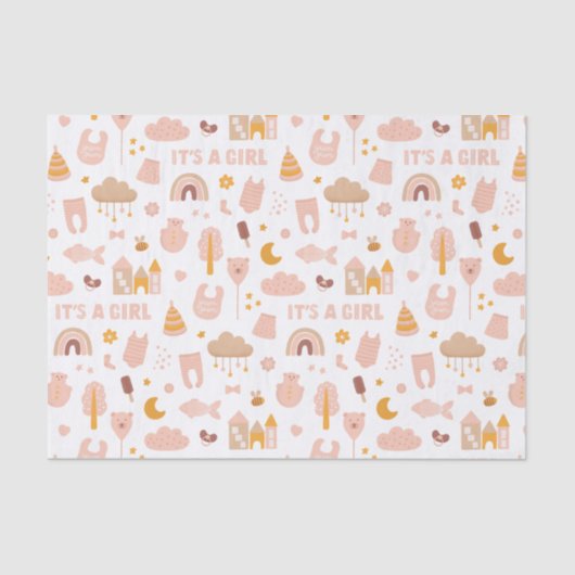 女の子。可愛いピンクのおもちゃ柄のベビーシャワー 薄葉紙 (正面)