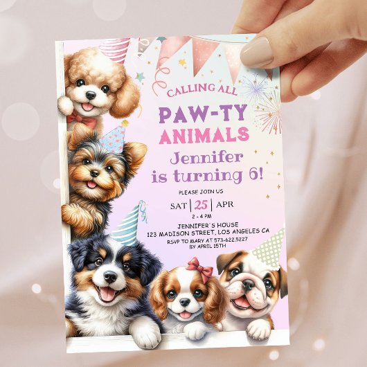 女の子 子犬 パーティー 6歳の誕生日 招待状