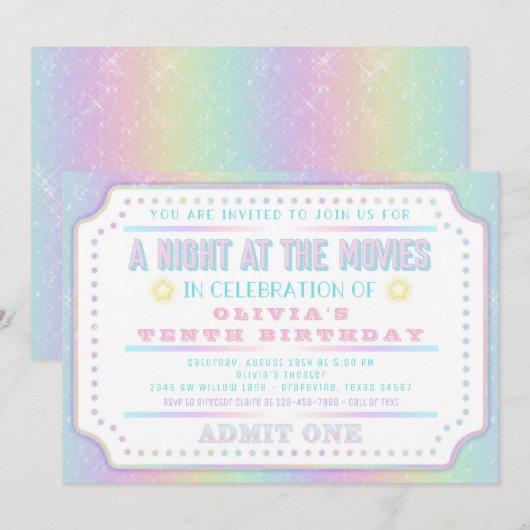 女の子 映画のチケット 誕生日パーティー 招待状 (正面/裏面)