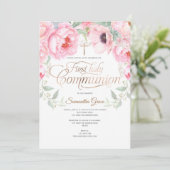 女の子、最初の聖なる聖体、水色の花 招待状 (スタンド正面)