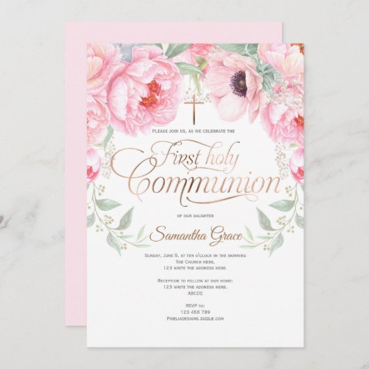 女の子、最初の聖なる聖体、水色の花 招待状 (正面/裏面)