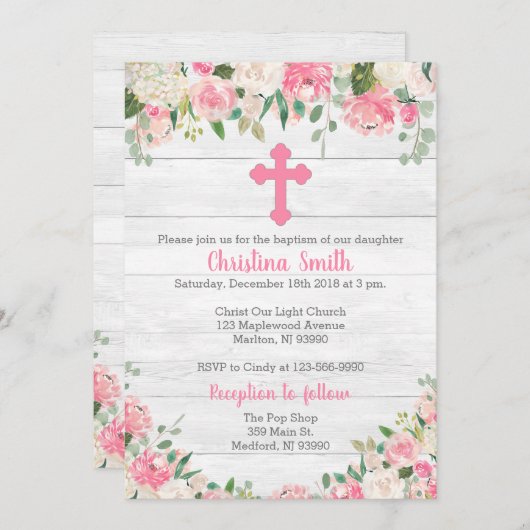 女の子-水彩画の花のための洗礼の招待状 招待状 (正面/裏面)