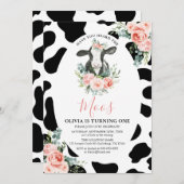 女の子 牛 ピンク 花柄 あなたはモーさんの誕生日を知っていますか 招待状 (正面/裏面)