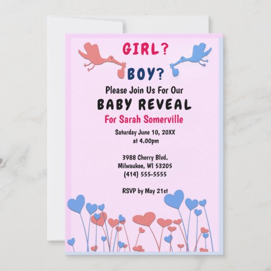 女の子,男の子のリビール,コウノトリ,ハート花赤ちゃんシャワー 招待状 (正面)