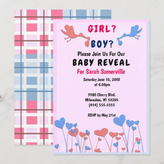 女の子，男の子のリビール，コウノトリ，ハート花赤ちゃんシャワー 招待状