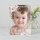 女の子/男の子赤面ホワイトフローラ1stバースデーシルバー 箔招待状 (立ち正面)