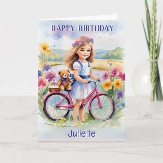 女の子 自転車 花 テディベア 可愛い お誕生日おめでとう カード (正面)