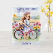 女の子 自転車 花 テディベア 可愛い お誕生日おめでとう カード (黄色い花)
