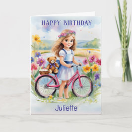 女の子 自転車 花 テディベア 可愛い お誕生日おめでとう カード