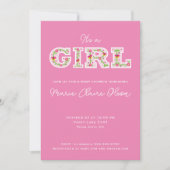 女の子、花、蝶の赤ちゃんシャワー 招待状 (正面)