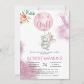 女の子、象のバルーン赤ちゃんシャワーInvitati 招待状 (正面)