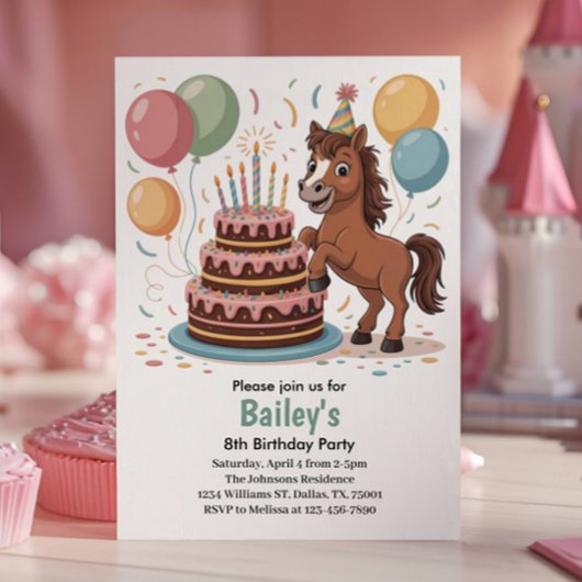 女の子 馬 8歳の誕生日パーティー 招待状