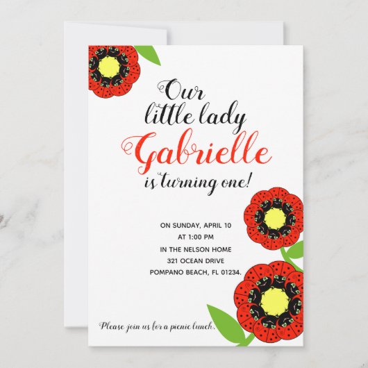 女の子ANY AGE LADYBUG BIRTHDAY PARTY 招待状 (正面)