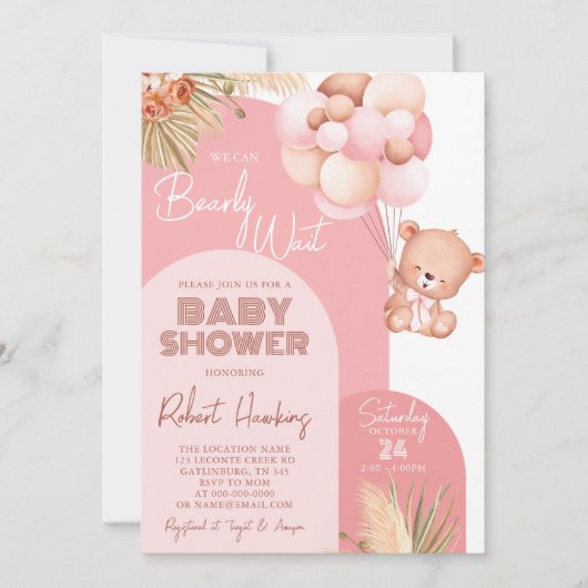 女の子Bohoアーチテディベア心待ち赤ちゃんシャワー 招待状 (正面)
