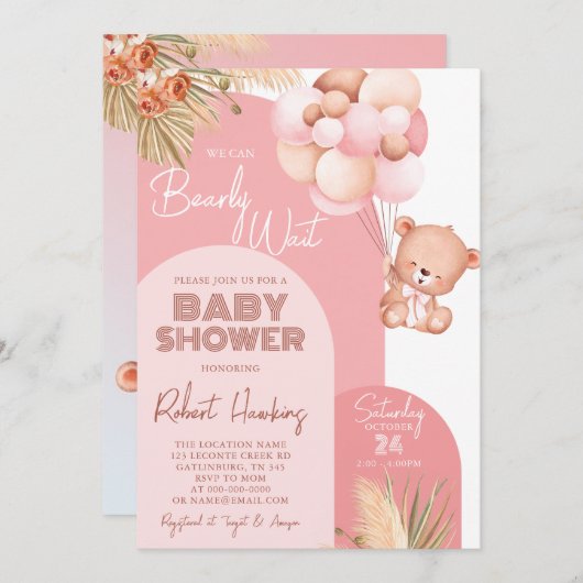 女の子Bohoアーチテディベア心待ち赤ちゃんシャワー 招待状 (正面/裏面)