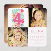 女の子FOUR 4th誕生日ナンバー4 招待状 (正面/裏面)