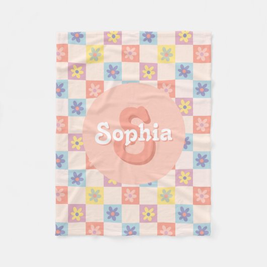 女の子Groovyピンクレトロ70sキッズモノグラム フリースブランケット (正面)