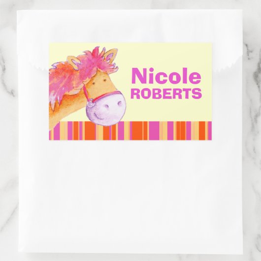 女の子idフルネーム紫オレンジ色のポニー馬のステッカー 長方形シール (バッグ)